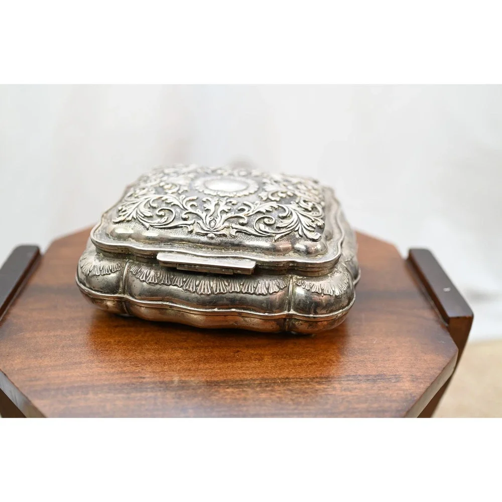 Vintage Silver Plated Jewelry Box Red Velvet Lined Ornate Repousse Floral Box